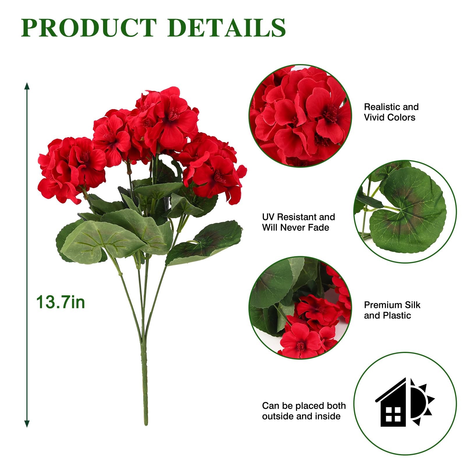 6 Bundles Artificial Geranium Flowers for Outdoor Indoor Fake Silk Geranium