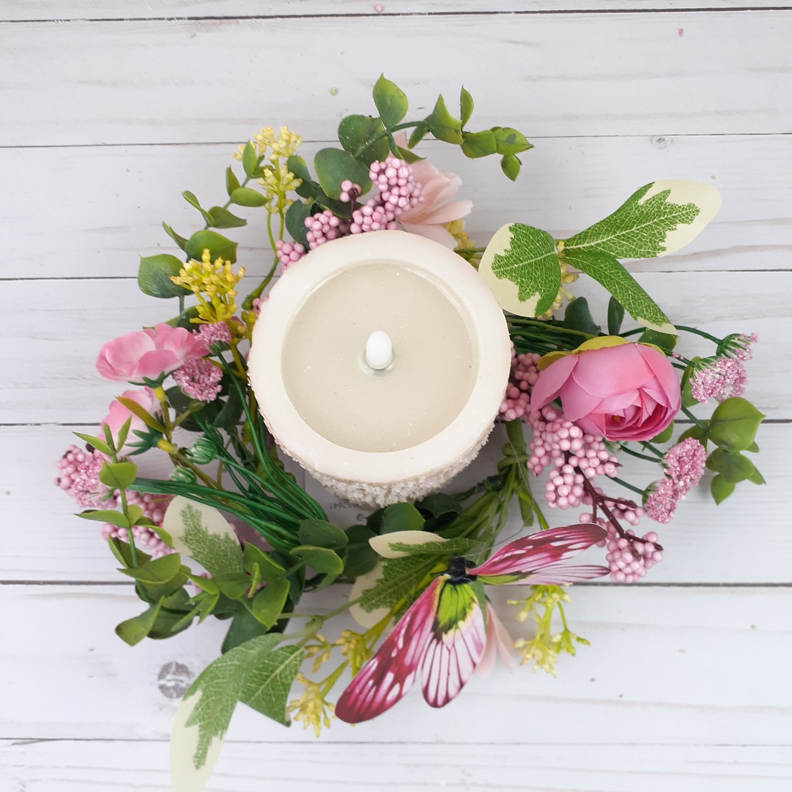 Floral Candle Ring Blushing Butterfly Garden Pink Flowers 4″ inside