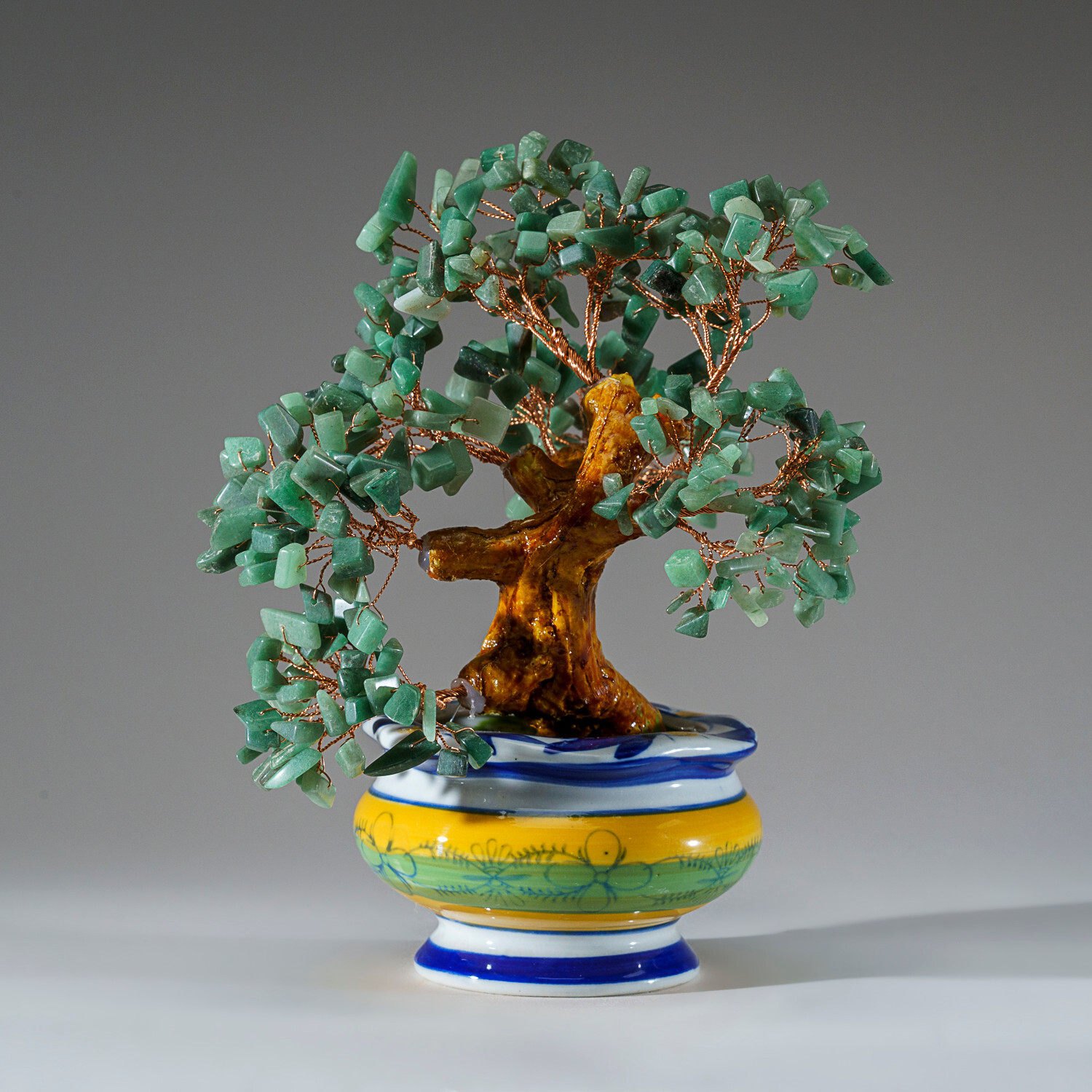 Genuine Green Aventurine Gemstone Bonsai Tree in Round Ceramic Pot (8.5”)
