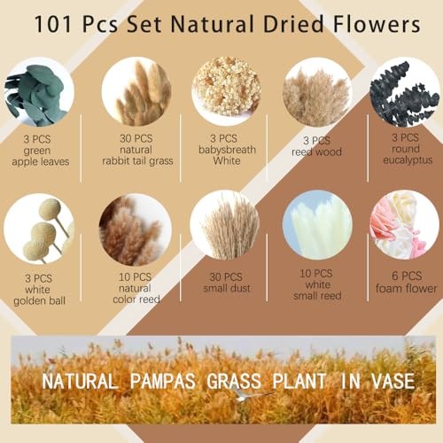 Artificial Flowers in Vase Natural Dried Pampas Grass Decor with Vase 101pcs