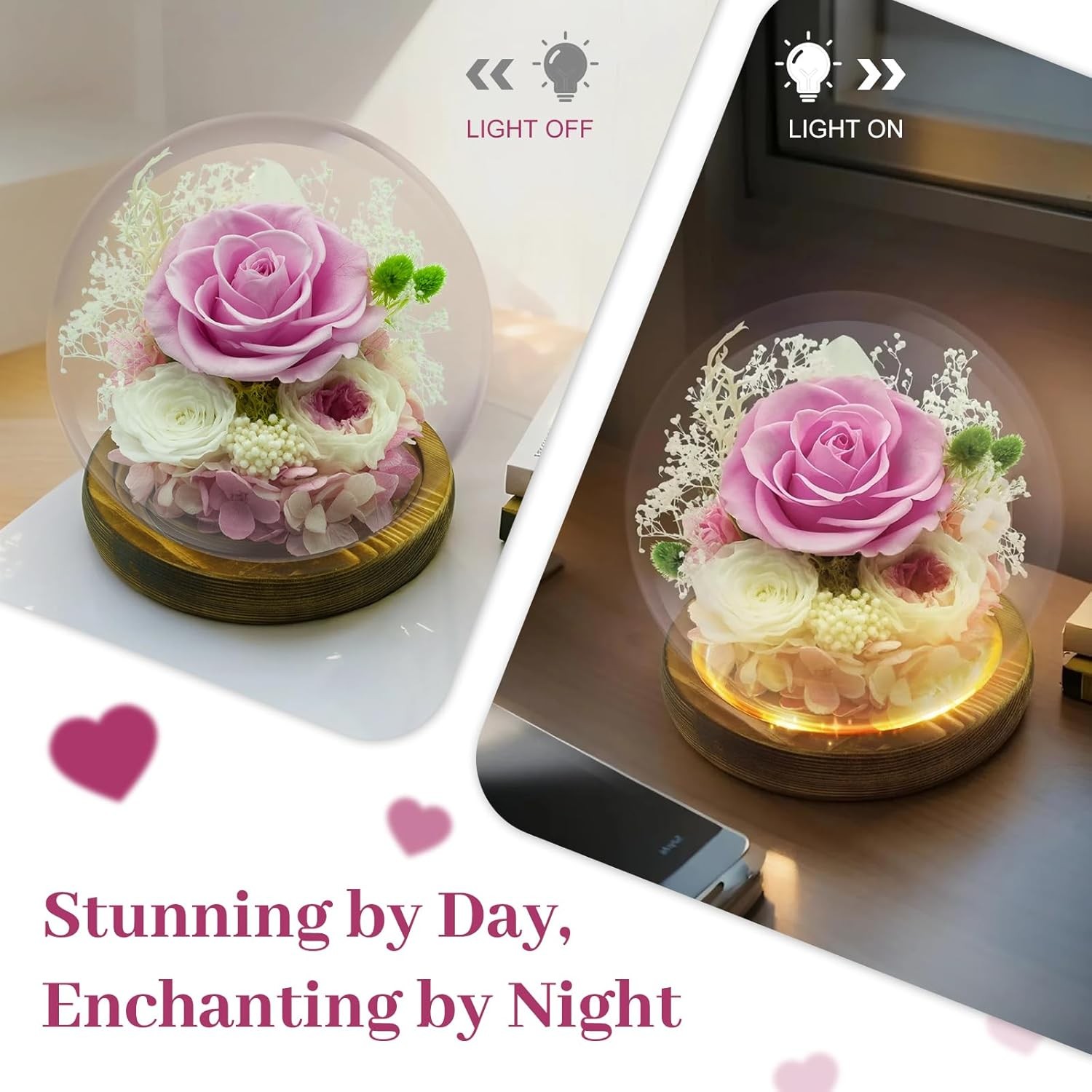 Preserved Rose in Glass Dome Forever Flowers Birthday Gift for Her Special