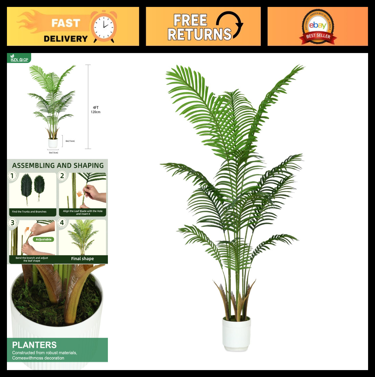 4FT Faux Palm Tree with White Pot, Realistic Leaves, Adjustable Branches, Indoor
