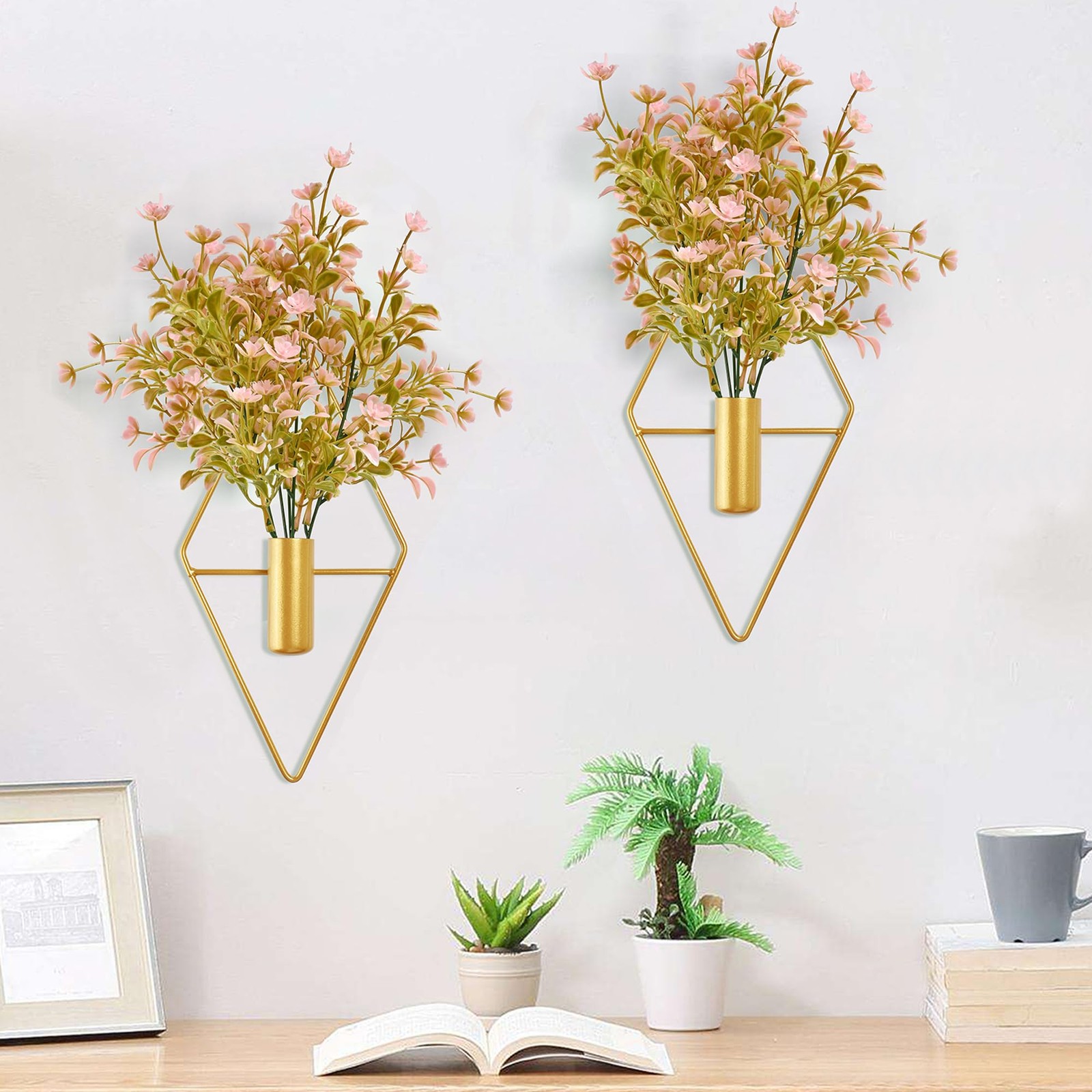 Plant Wall Decor with Pink Artificial Flowers in Diamond Hanging Vase Set of …