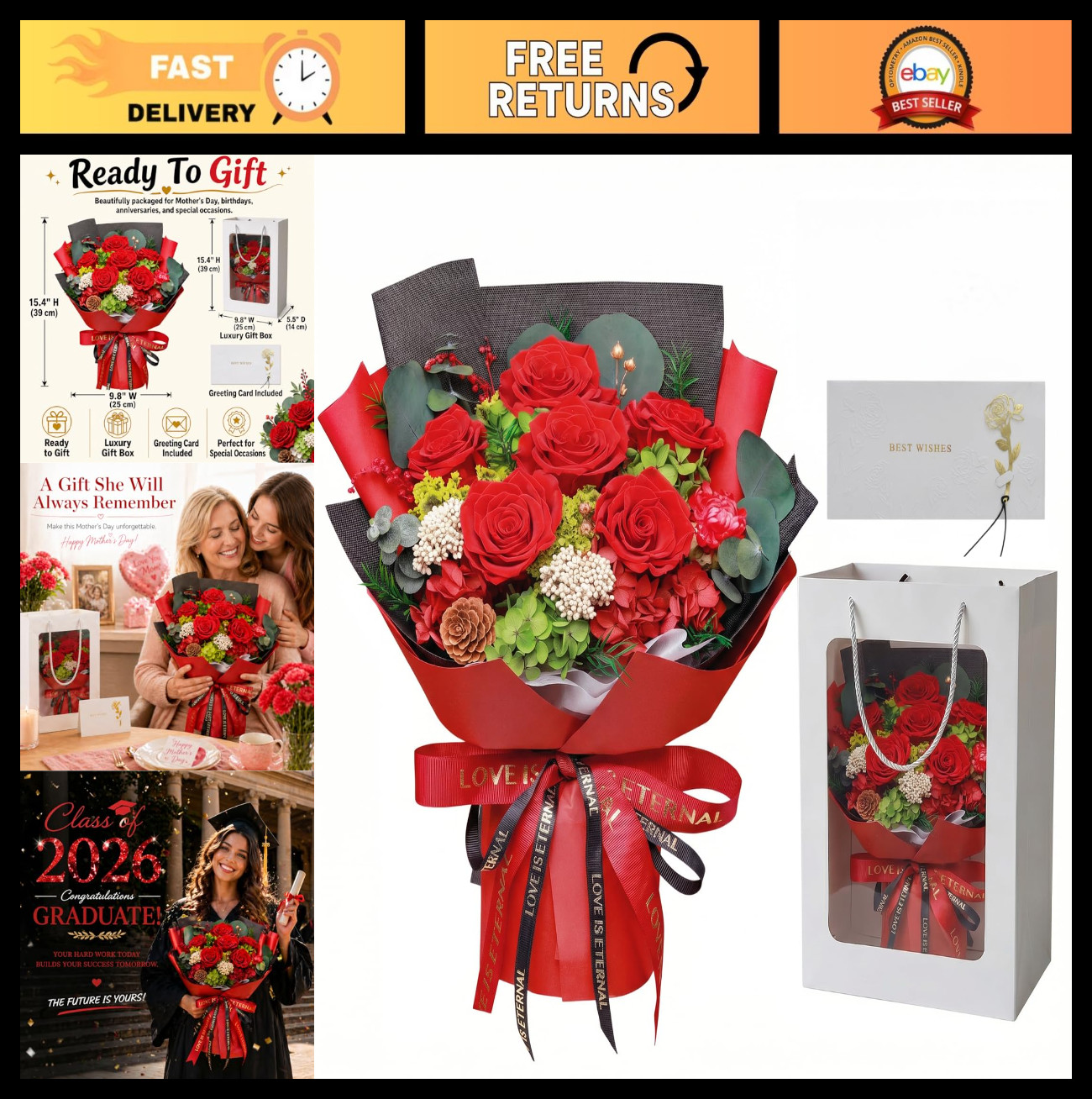 Eternal Red Rose Bouquet – Real Preserved Flowers in Gift Box, Lasts 3-5 Years,