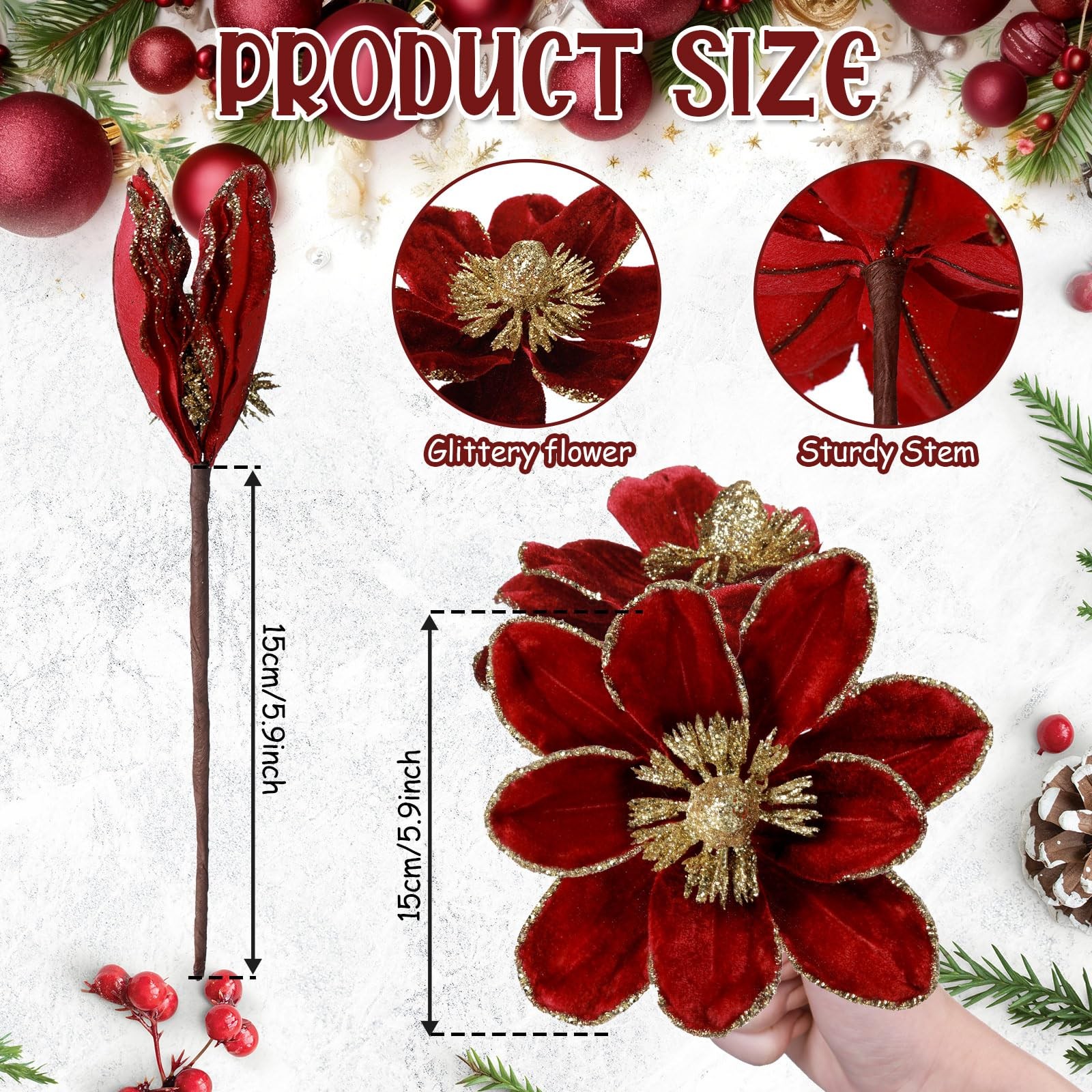 18 PCS 5.9 Inch Christmas Magnolia Flower Artificial Glitter Velvet Wine Red