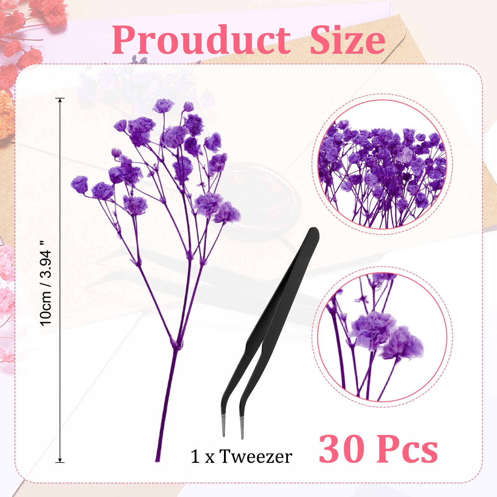 30 Pcs 4″ Dried Gypsophila Flower Rose Purple Pressed Flowers w Tweezer for DIY