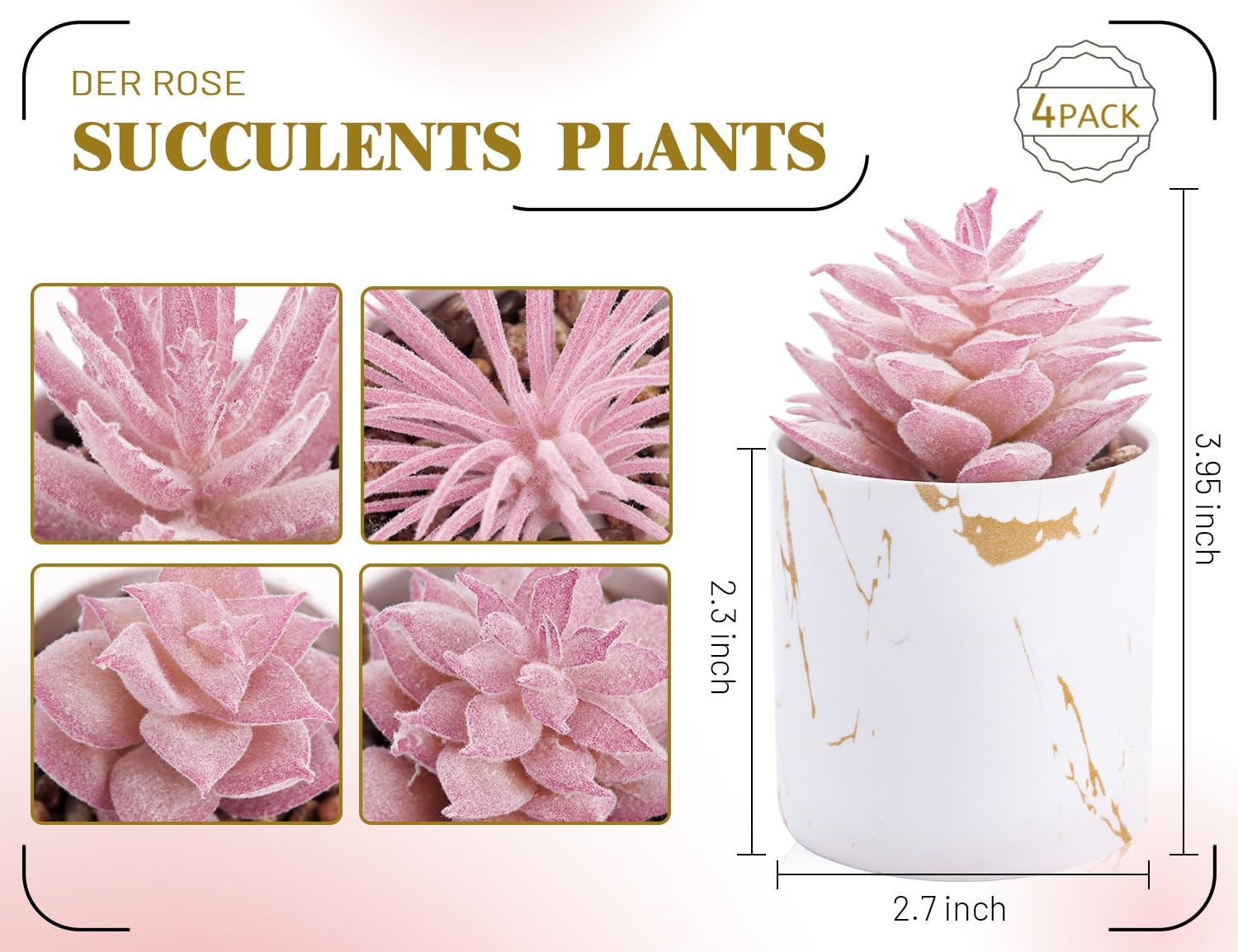 4 Fake Pink Succulents, Small Artificial Plants For Office Desk