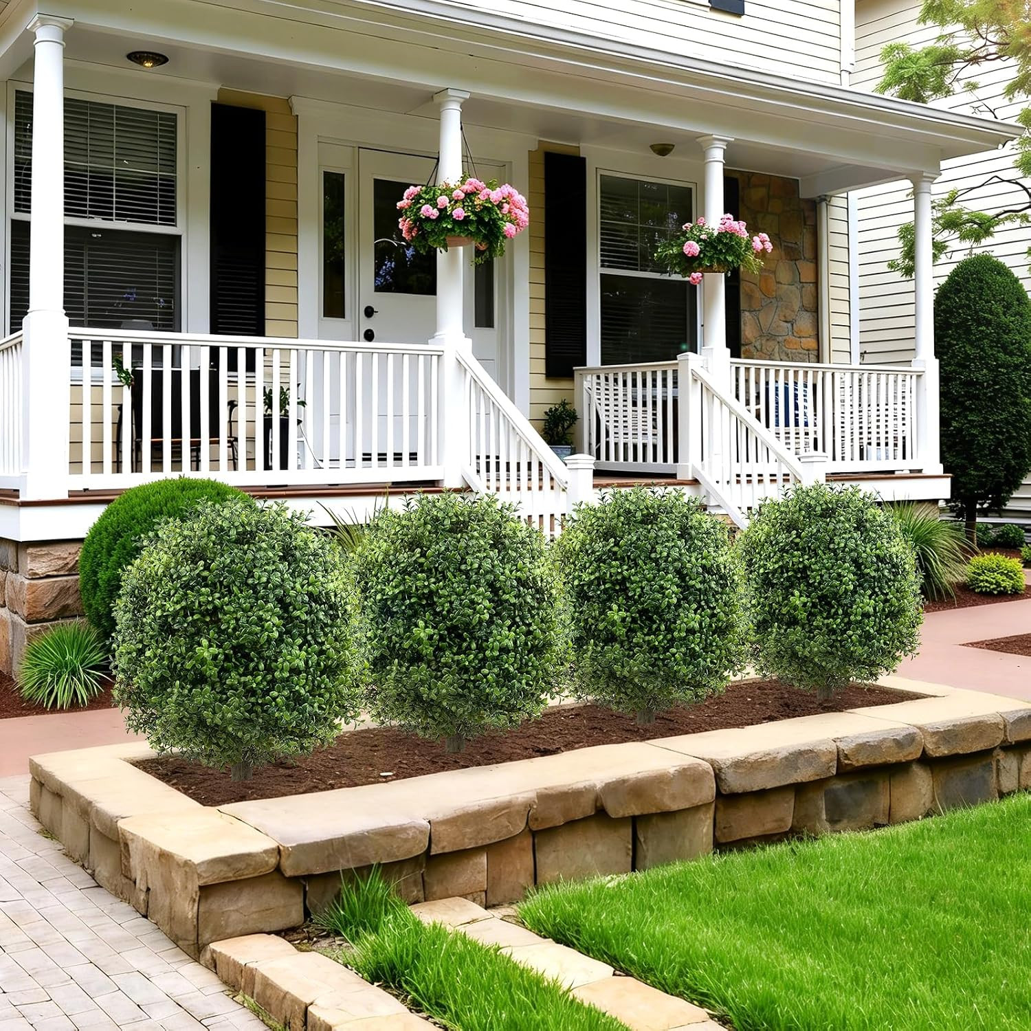 Set of 2 Artificial Boxwood Topiary Ball Trees, 27 Inch Faux Boxwood Bush with M