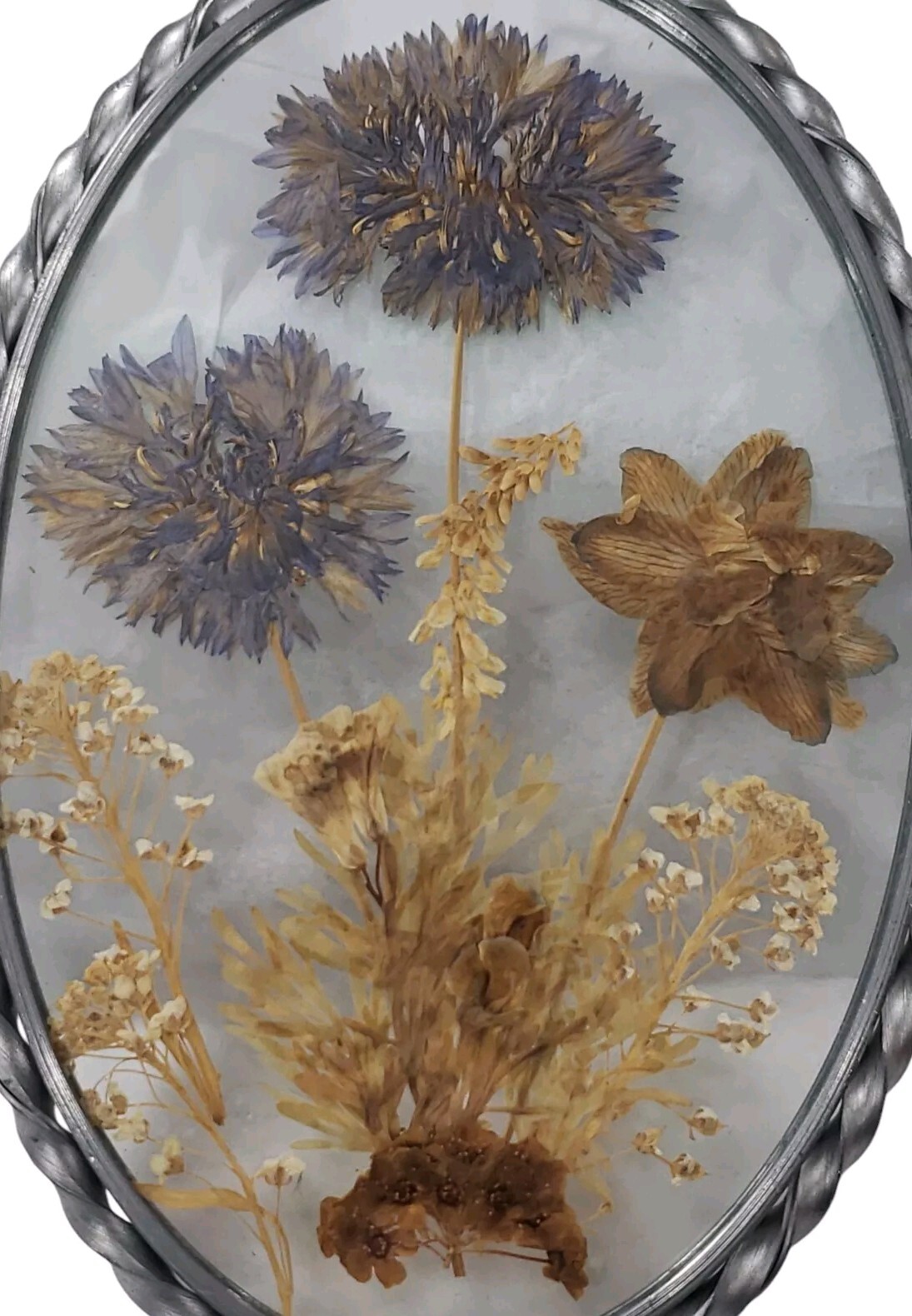 Vintage Lasting Impressions Real Dried Pressed Flowers In Glass W/ Pewter Frame