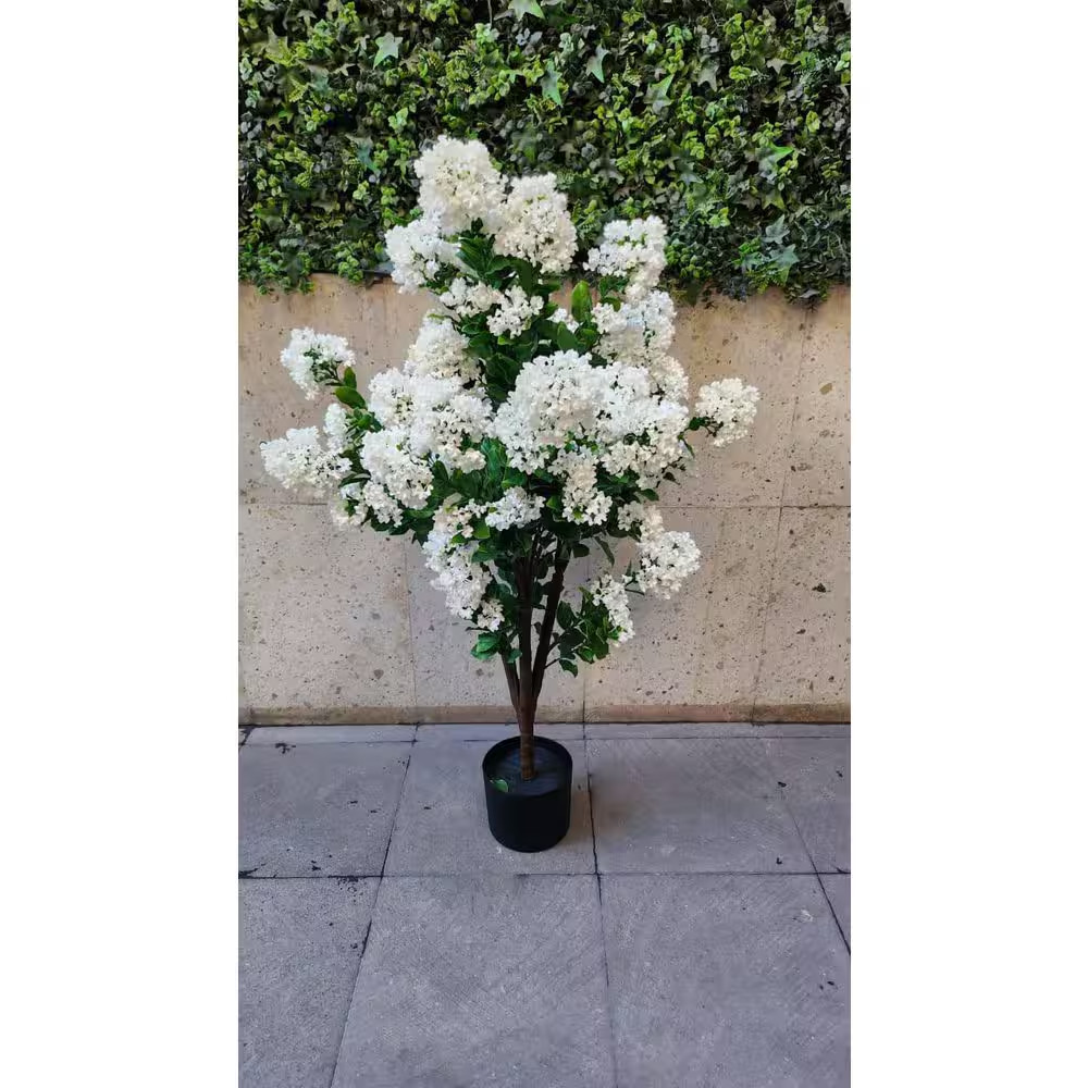 47 In. UV Resistant Green Artificial Lilac White Plant Tree in Black Pot