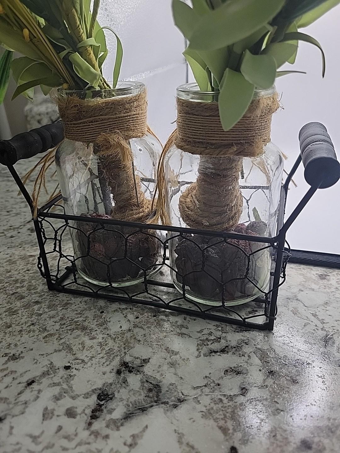 Farmhouse Yellow Artificial Flower Arrangement Glass Jars Metal Caddy Rustic…