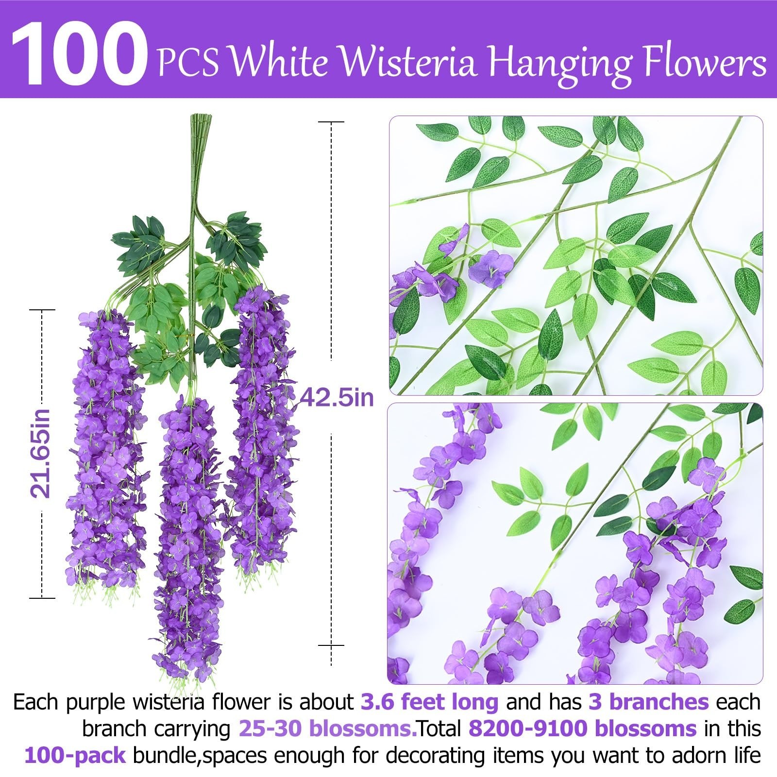 100 Pack Purple Wisteria Garland, Fake Hanging Flowers for Home Decor, 3.6 Ft