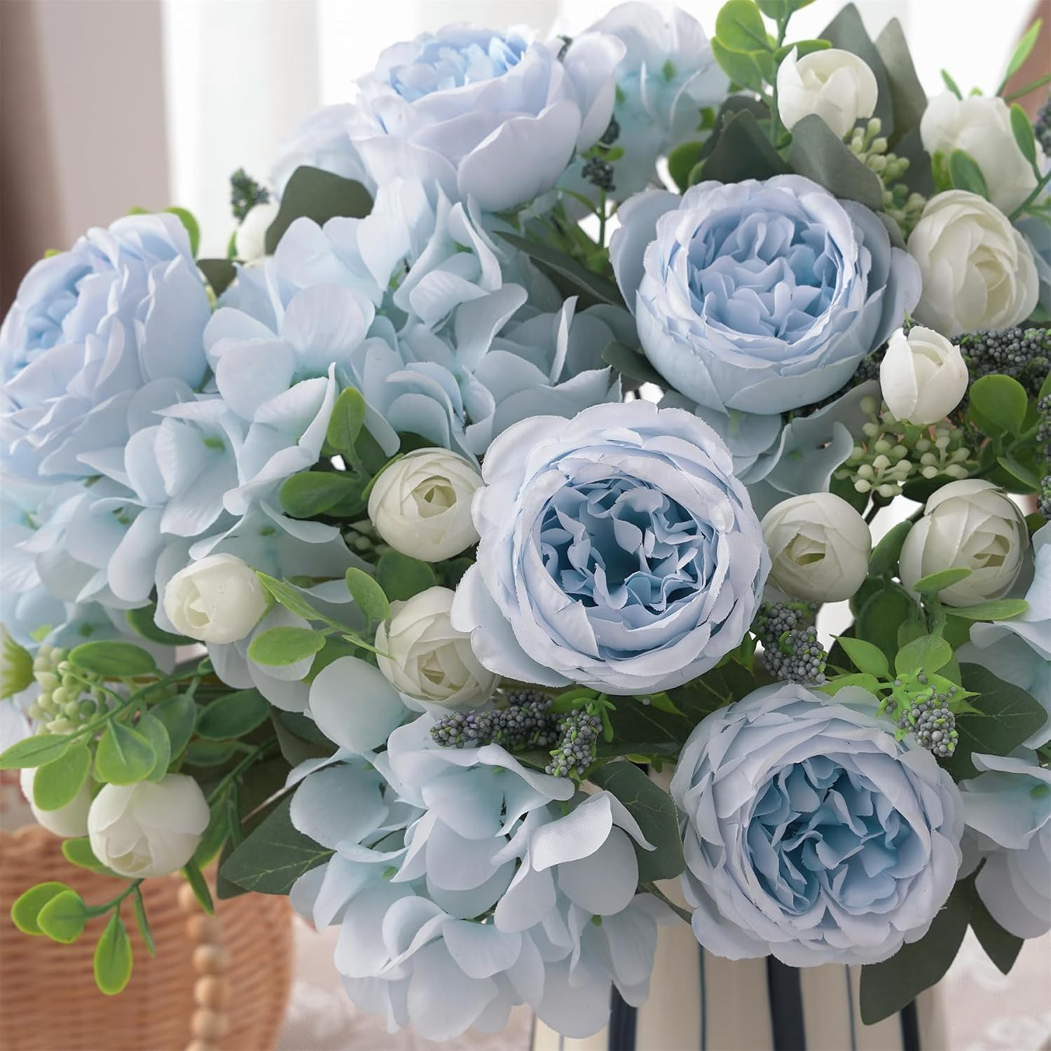 2 Bunches Artificial Peonies Flowers Small Silk Blue Peonies Fake Hydrangea F…