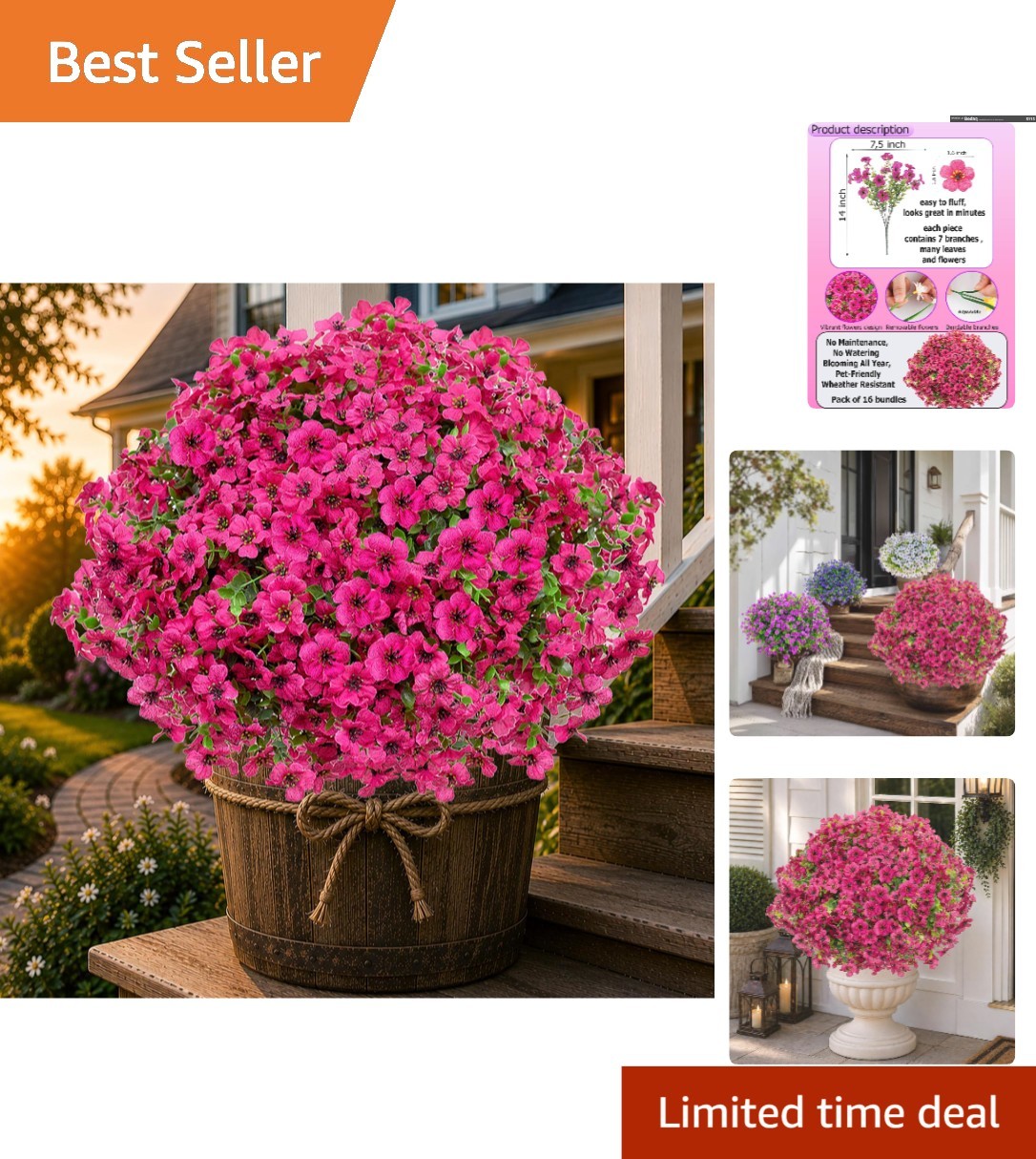 Pollen-Free Red Artificial Flowers: 16 Bundles for -Round Outdoor Beauty