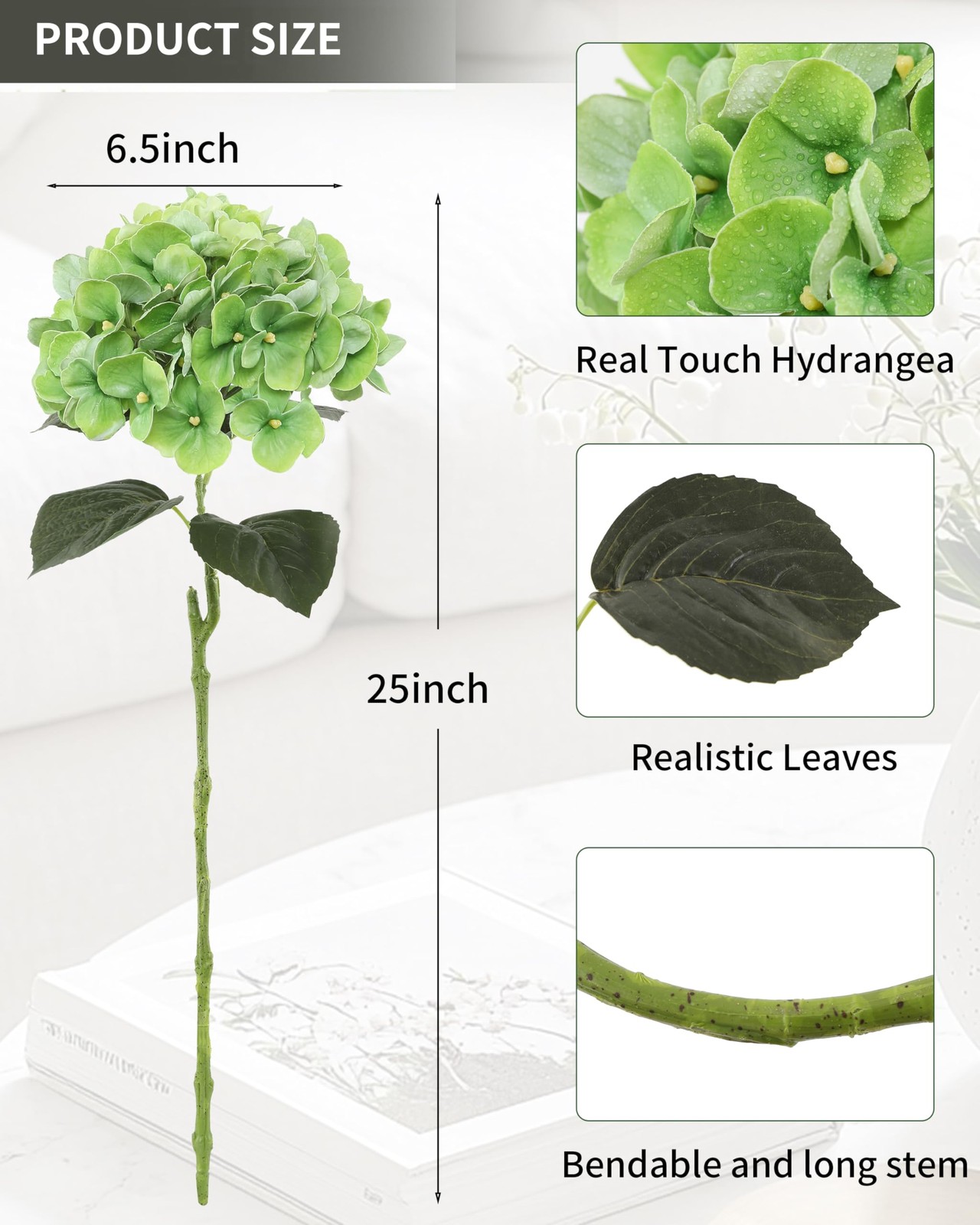 3Pcs Green Hydrangea Artificial Flowers,Latex Real Touch Hydrangeas Faux Hydr…