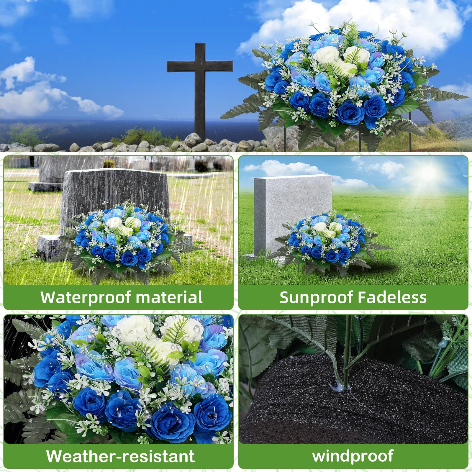 Artificial Cemetery Flowers Blue Silk Memorial Rose Headstone Grave Decor