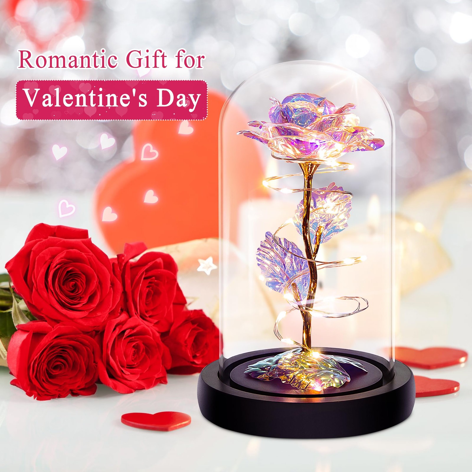 Regalos De San Valentín Para Ella Flores Rosa Iluminada en Cúpula De Cristal