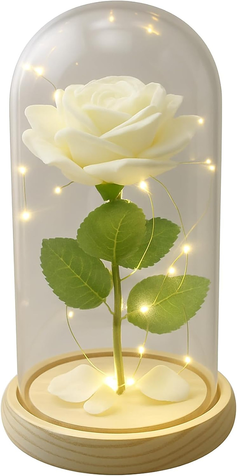 Eternal White Rose in Glass Dome with LED Lights – Light up Artificial Rose Déco