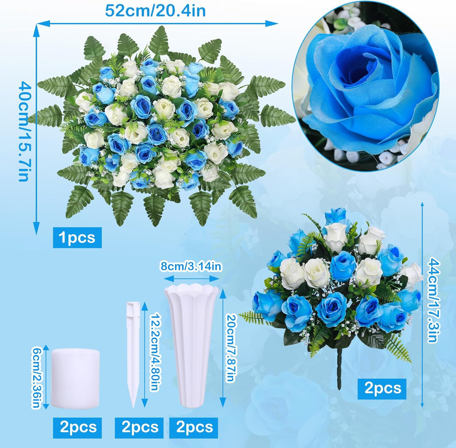 3 Pcs Blue White Cemetery Flower Saddles for Grave Memorial Decorations