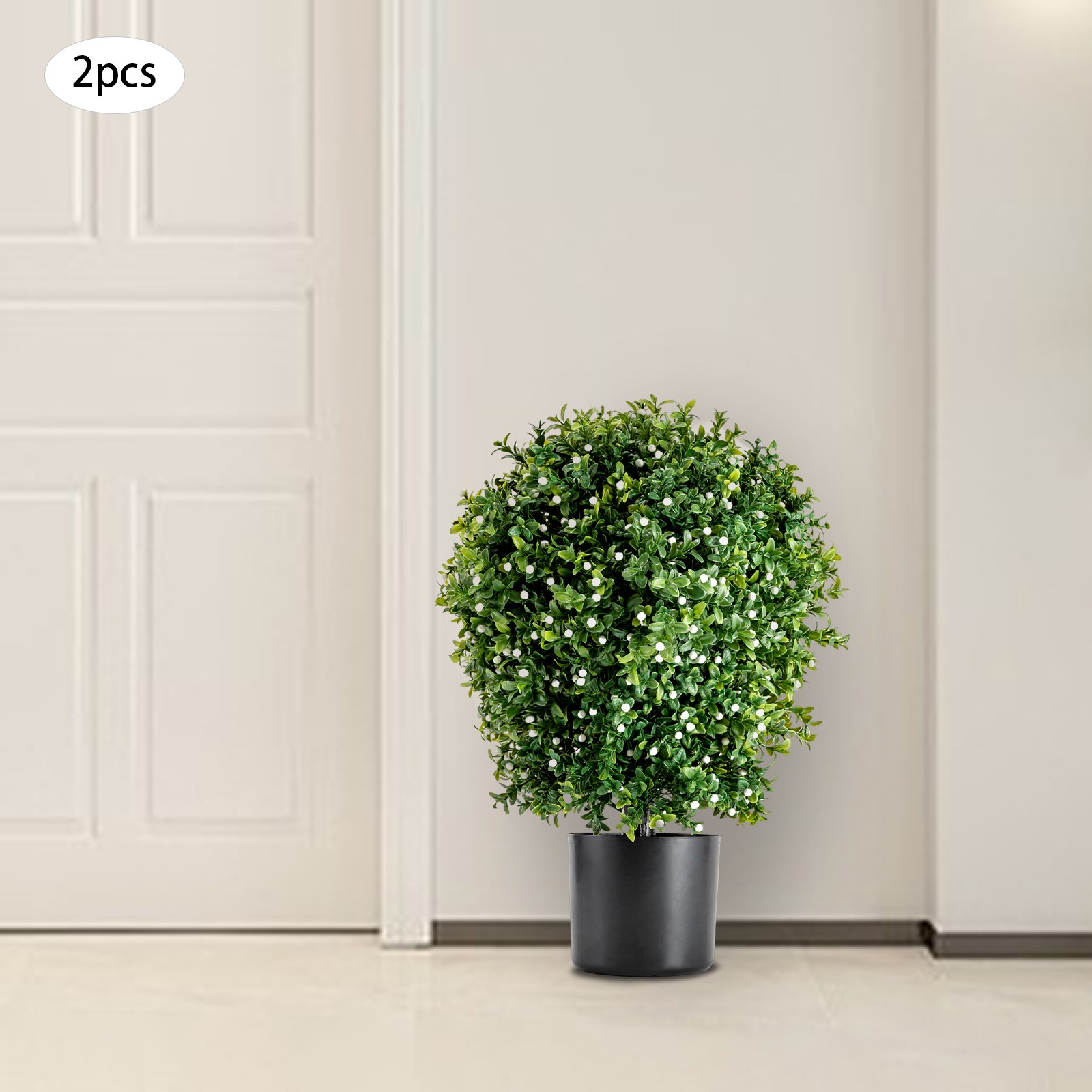 20″ Tall Artificial Boxwood Topiary Ball Tree with White Flowers for Front Porch