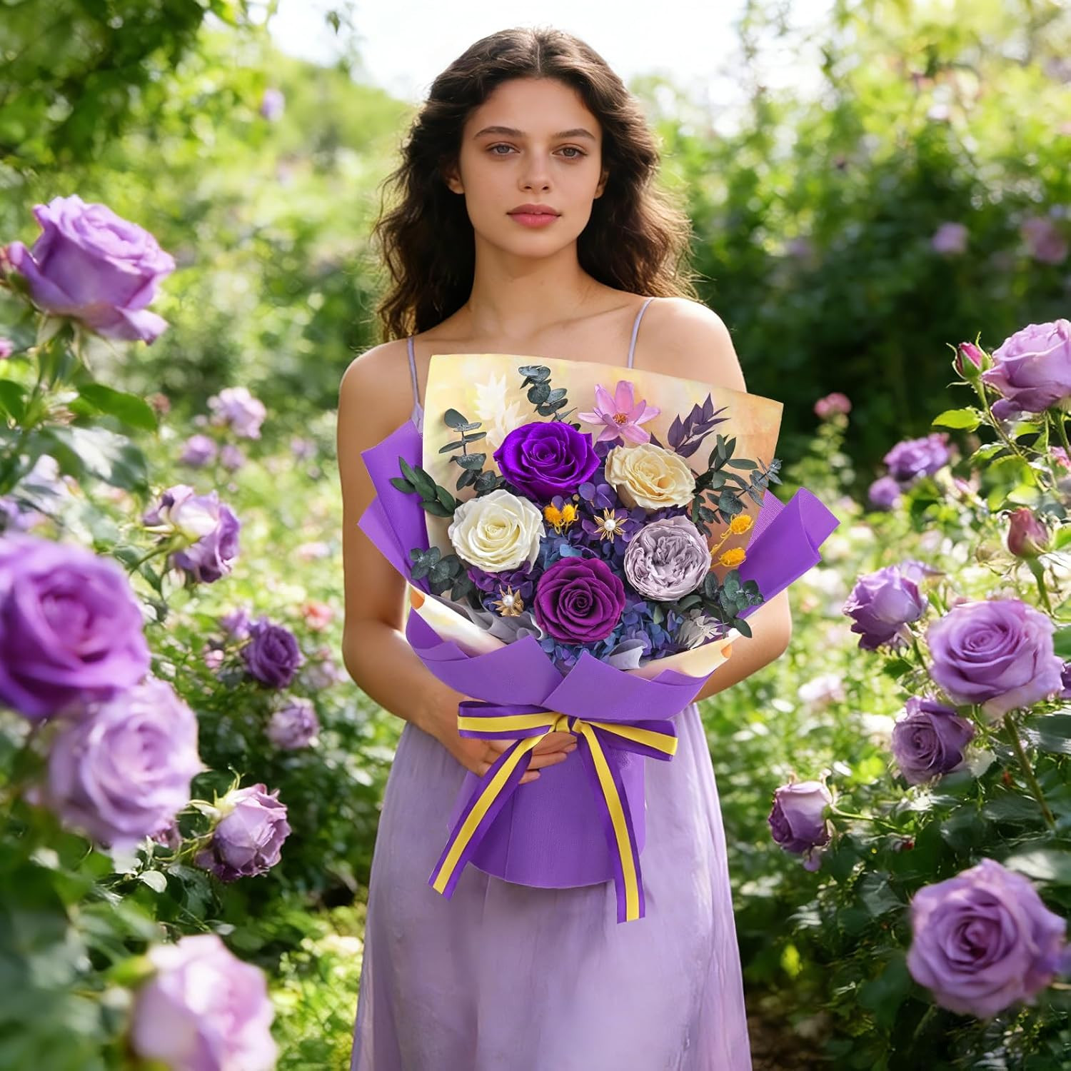 Yastouay 5 Pcs Glitter Purple Preserved Roses Flowers Bouquet, Forever Rose Flow