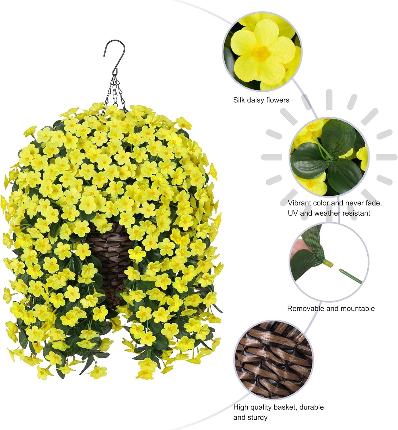 UV Resistant Faux Silk Yellow Daisy Hanging Plant Basket for -Round Decor