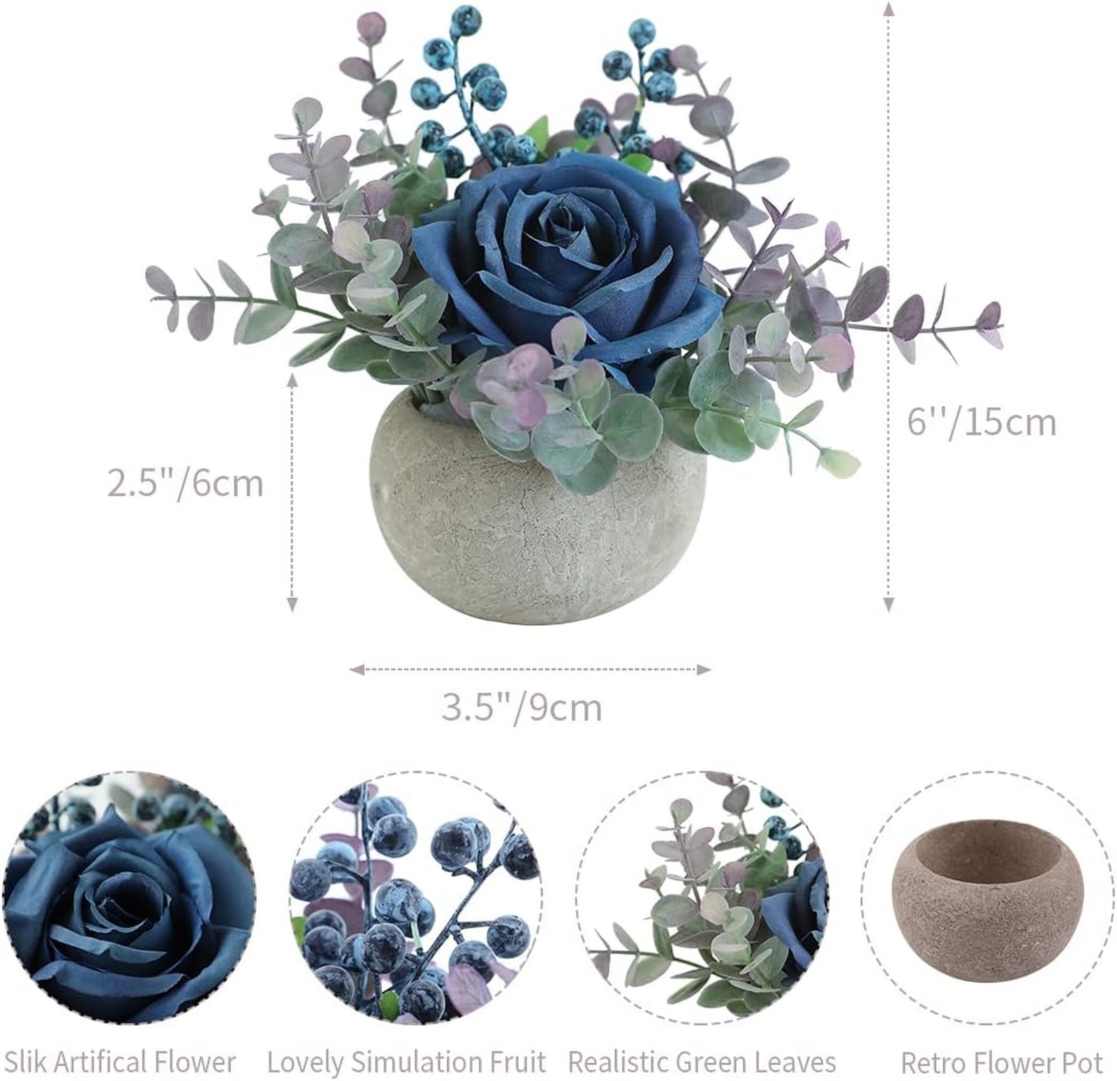 Small Artificial Blue Rose Potted Plant 6 Inch Faux Silk Flowers in Round Pot