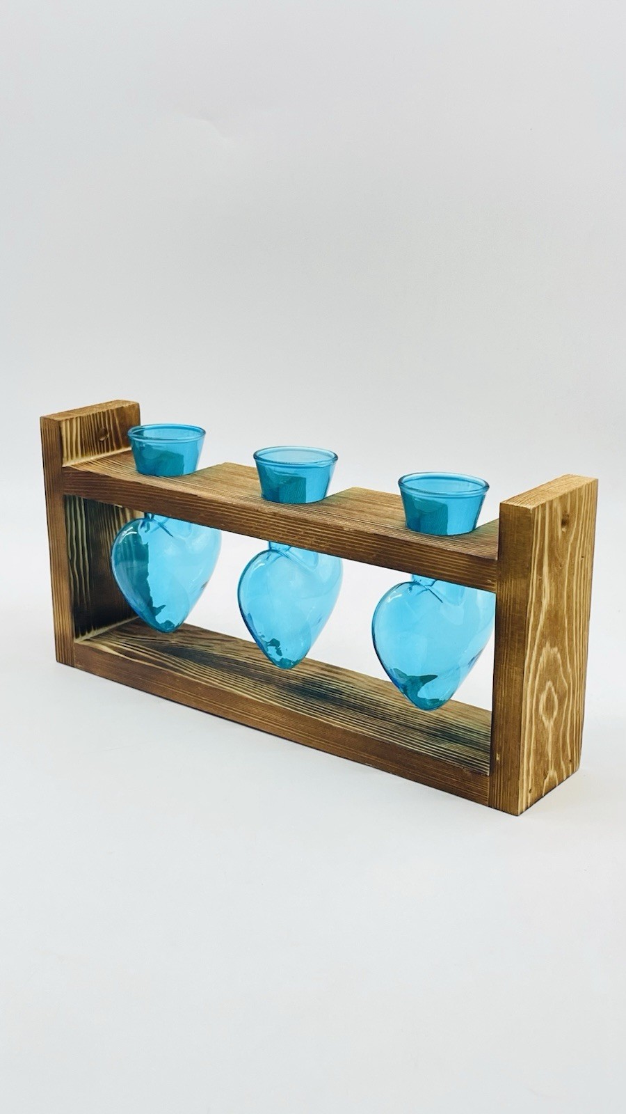 Plant Terrarium Propagation Wood Stand Tabletop Planter 3 Bulb Blue Glass Vase