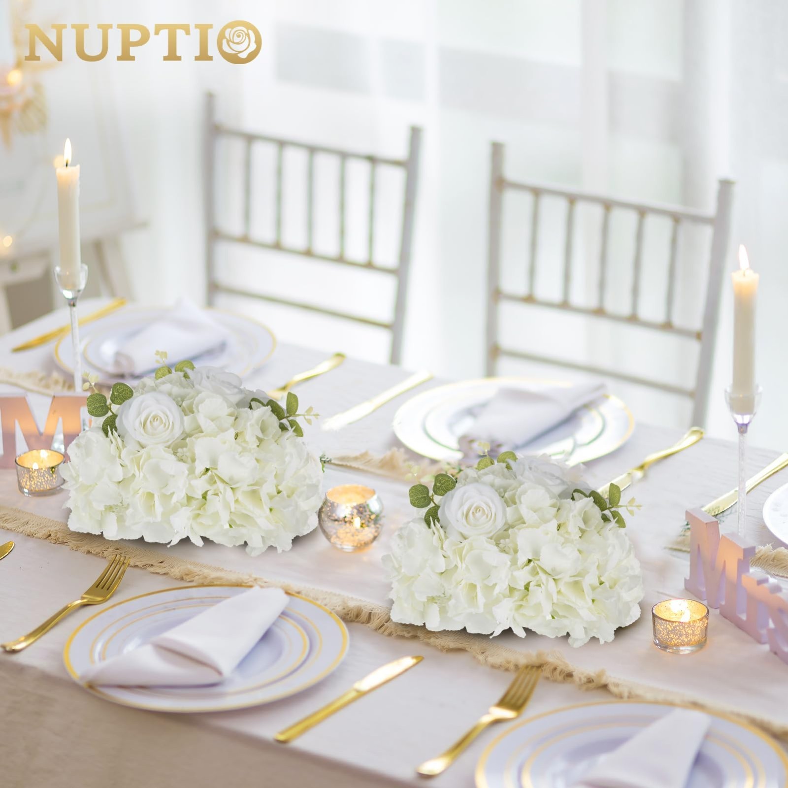 2 Pcs White Rose Flower Ball Arrangements – 11.8″ Fake Floral Centerpieces for W
