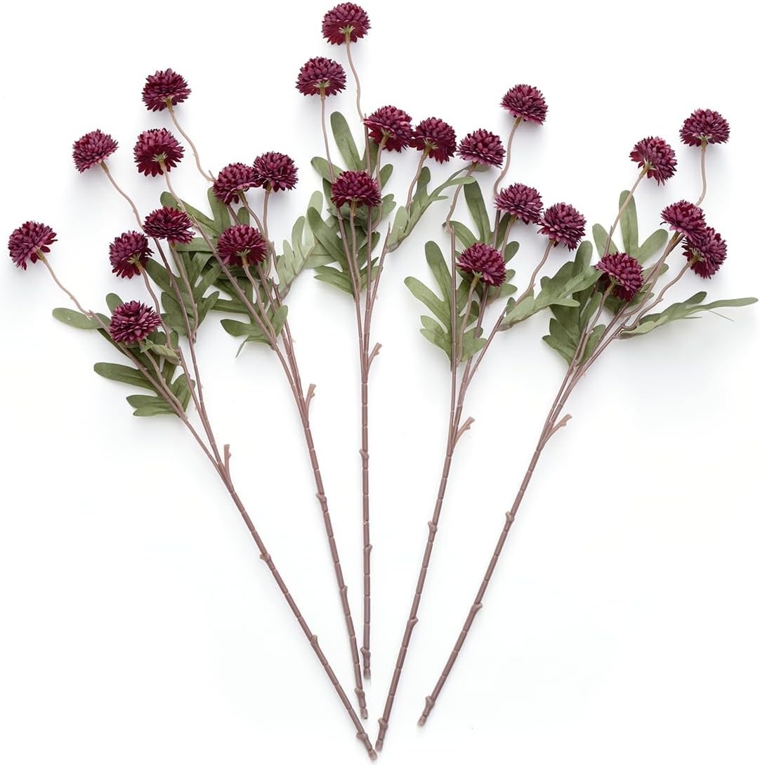 5 PCS Burgundy Artificial Pompon Mum Flowers Silk Mini Chrysanthemum Ball