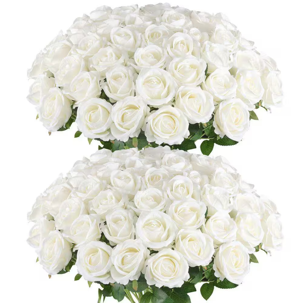 50 Pcs Realistic White Velvet Silk Artificial Roses for Wedding Centerpieces and