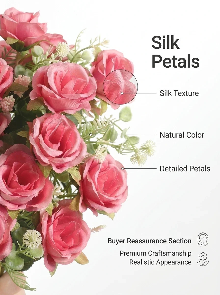 Artificial Rose Bouquet Set of 3 Pink Silk Flowers Wedding Home Decor 12in