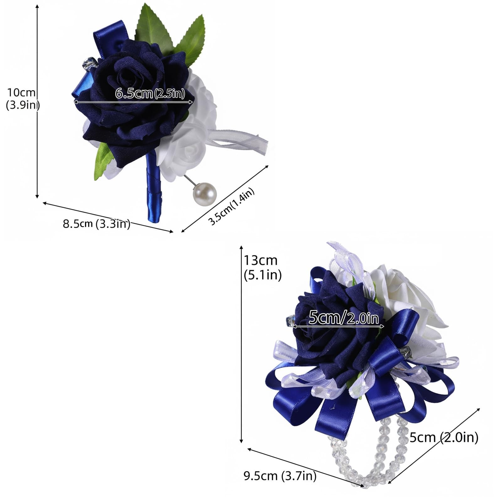 2 PCS Blue White Corsage Boutonniere Set Roses Wrist Crystal Prom Wedding