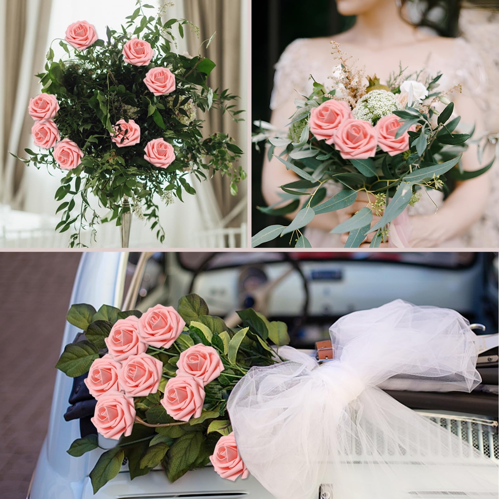 50 PCS Pink Artificial Flowers Roses Foam Fake With Leaves DIY Wedding Decor