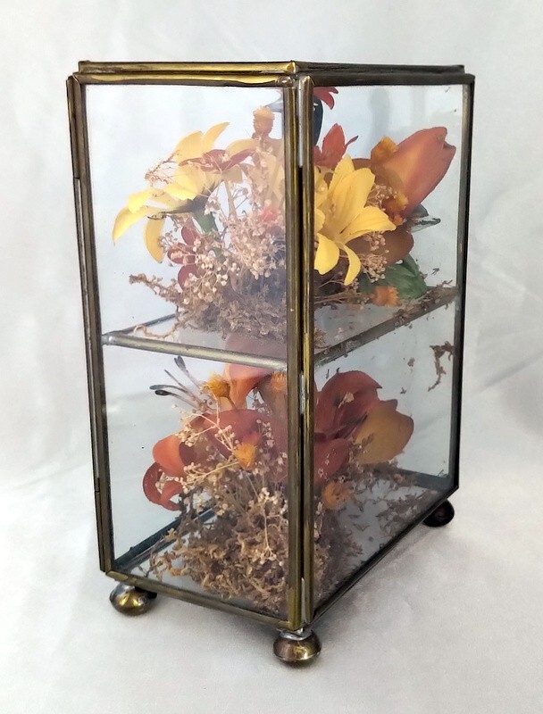 Lot (2) Vintage Octagon/Rectangle Glass Boxes w/ Dried Fall Floral Arrangements