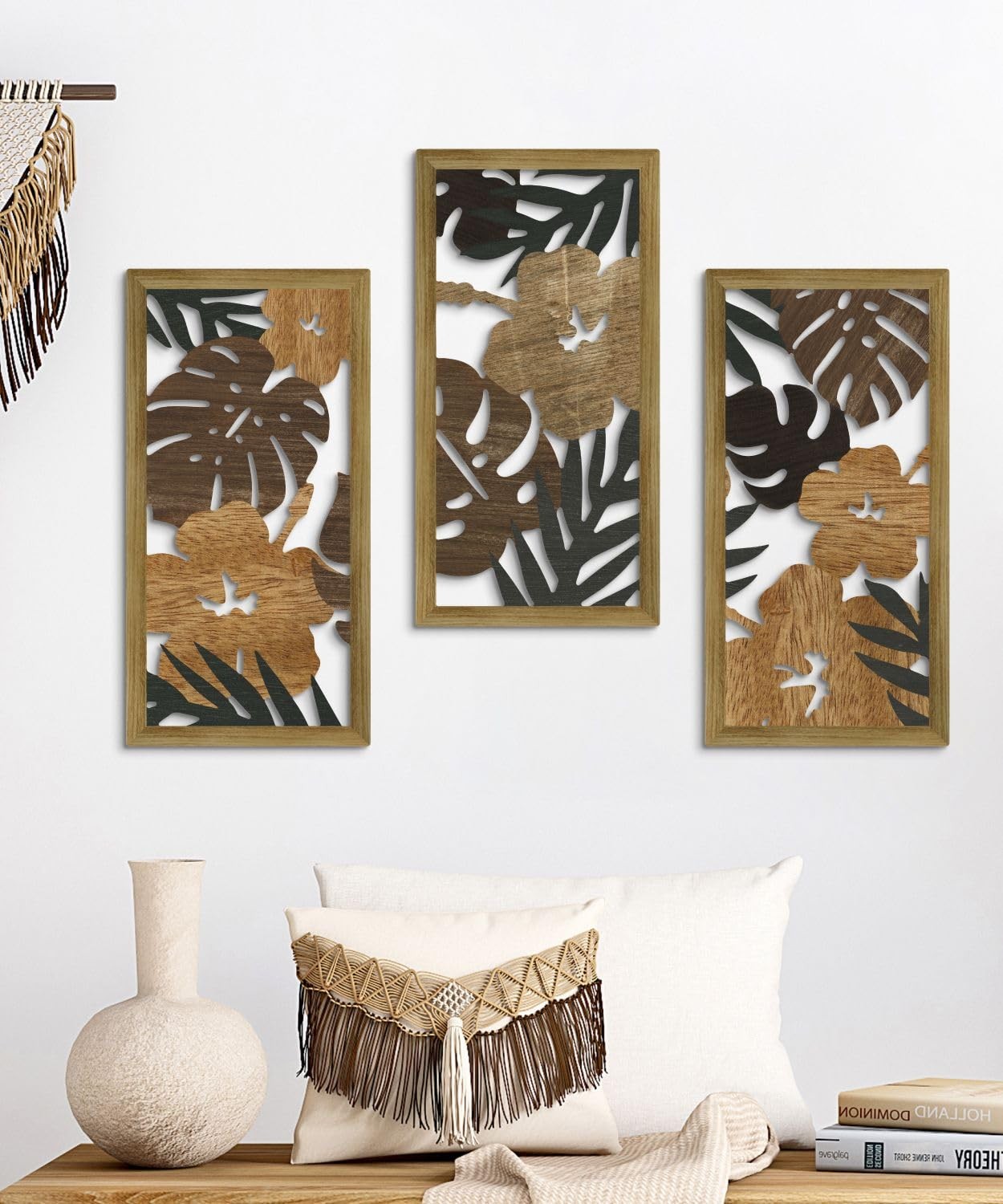 Putuo Decor Tropical Floral Wall Art, Set of 3 Plant 16.53×8.66, Auburn