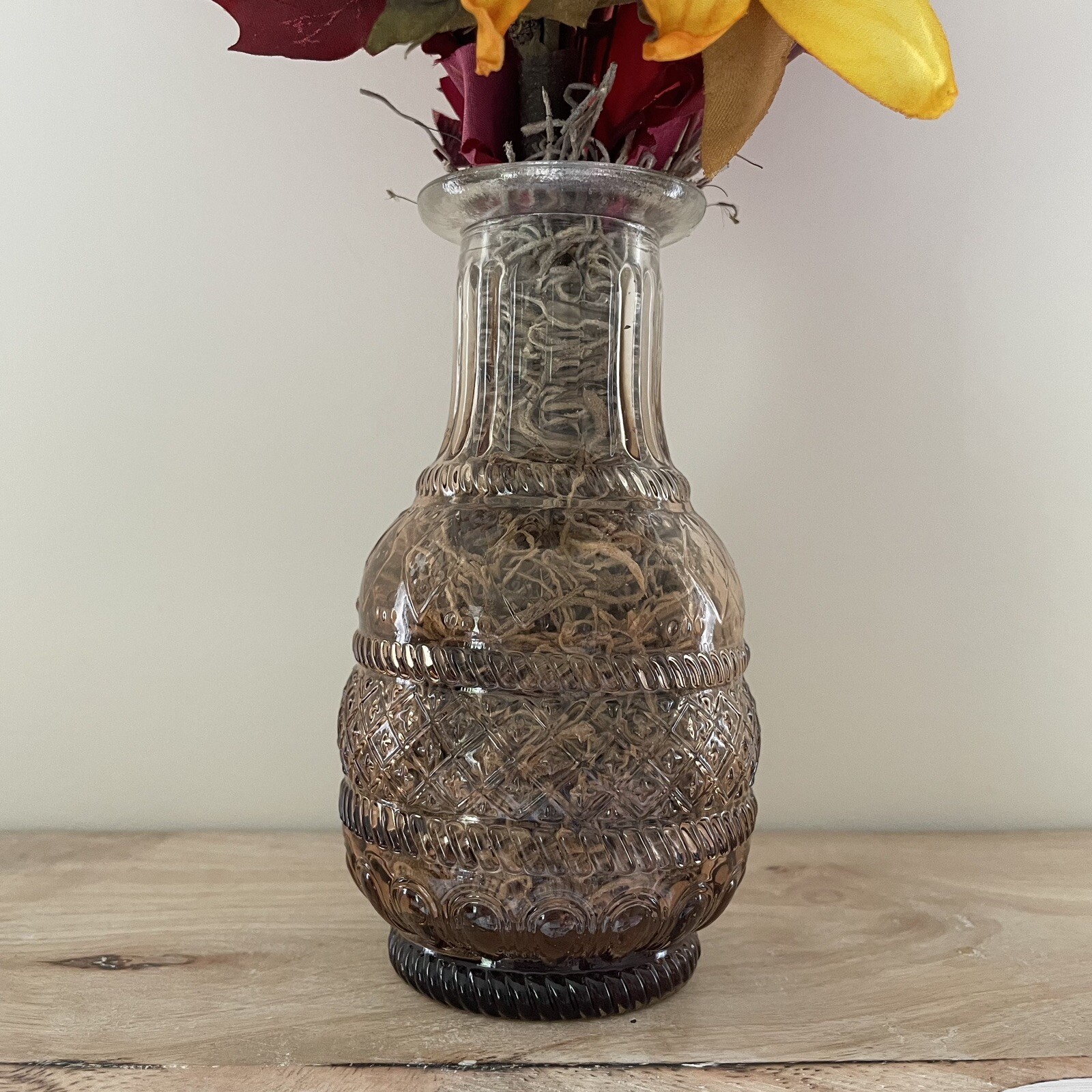 Handmade Artificial Sunflower Fall Leaves Arrangement in Amber Glass Vase