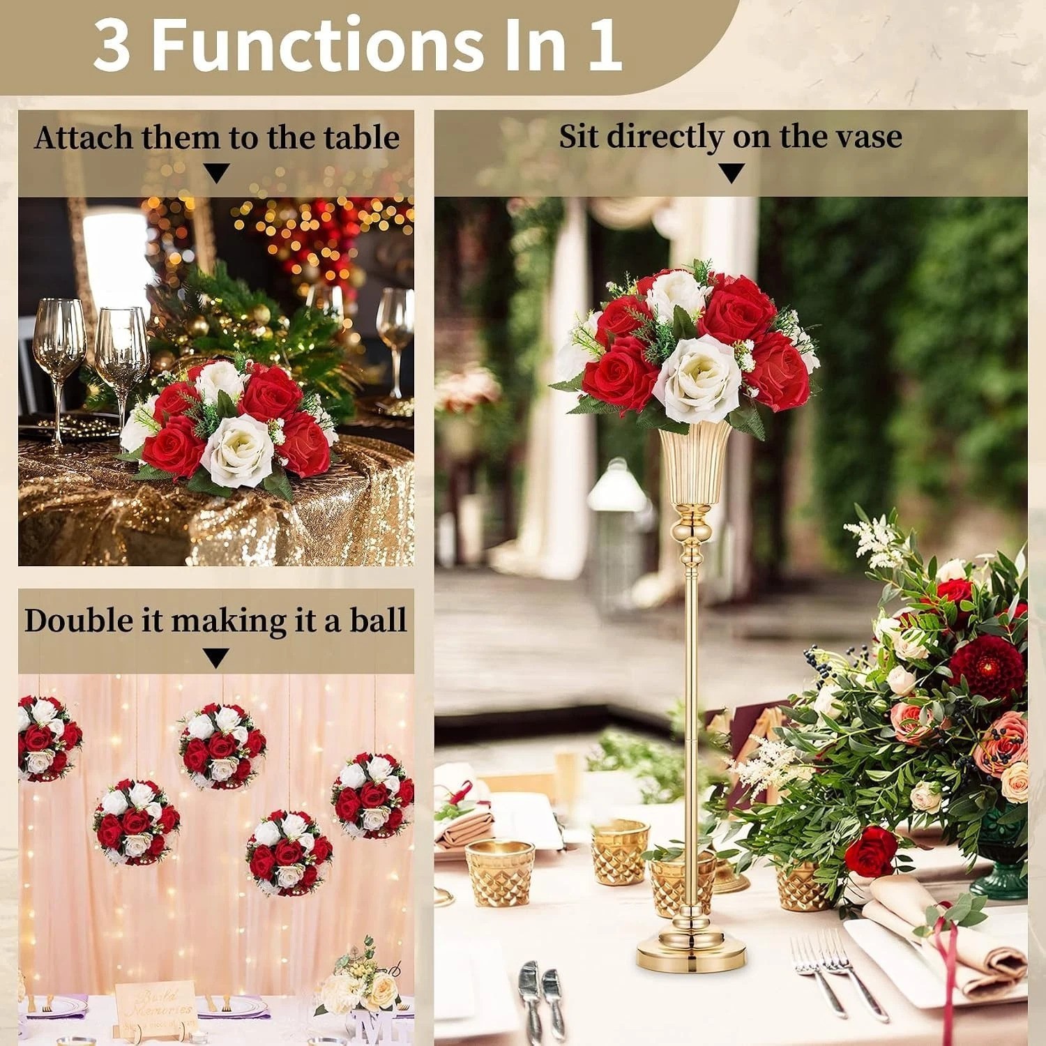 6 Pcs Artificial Rose Flower Ball Arrangement Bouquets Red White Wedding Decor