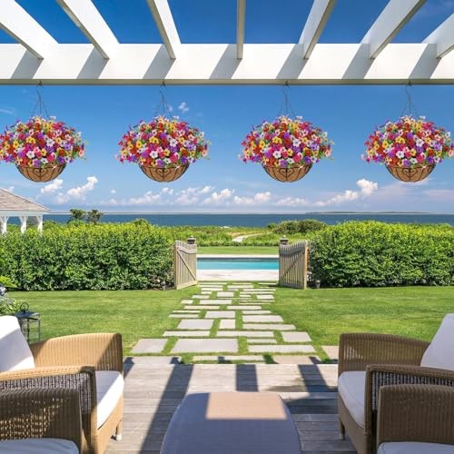 2 Set Artificial Flowers with Hanging Basket, 2 Outdoor 2pcs Azalea 6 Colors