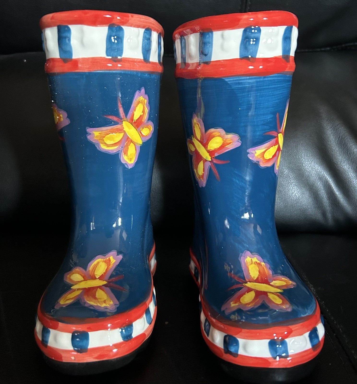Pair Of Ceramic Butterfly Rain Boot Planter 7.5″ tall Blue,Yellow, Red, White