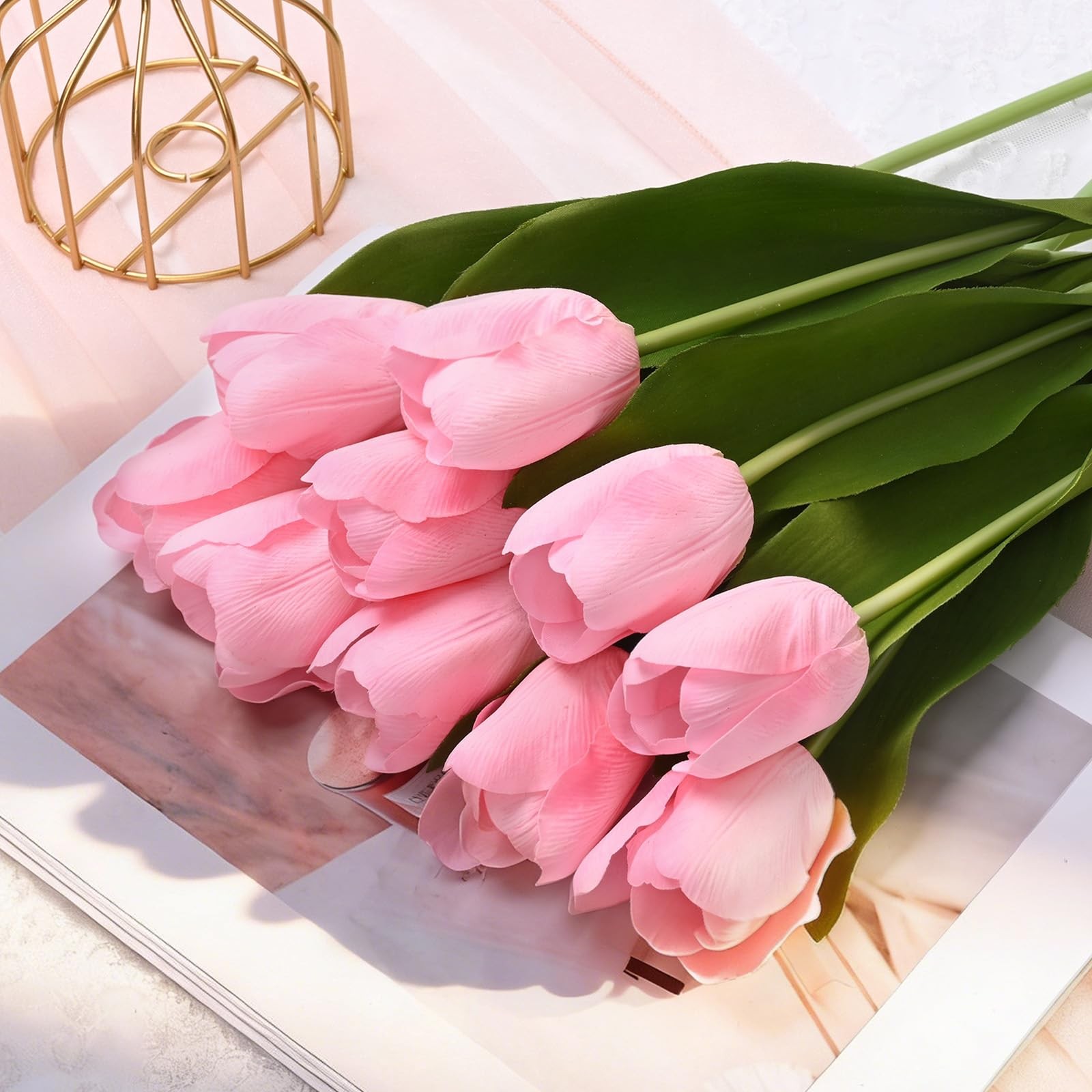 12 PCS Pink Tulips Artificial Flowers Real Touch Fake Bouquet 14″ Decor