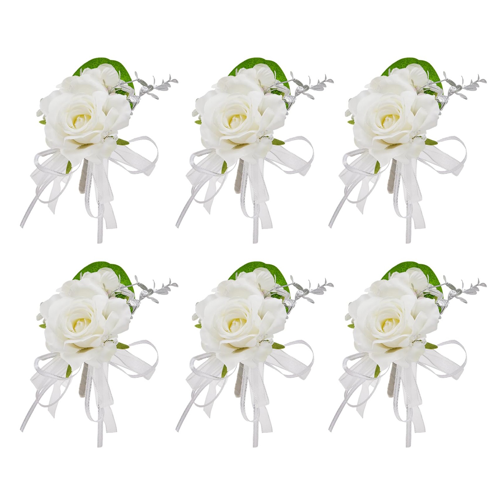 6 PCS White Boutonniere Men Groom Groomsman Wedding Suit Flower Silver Rose
