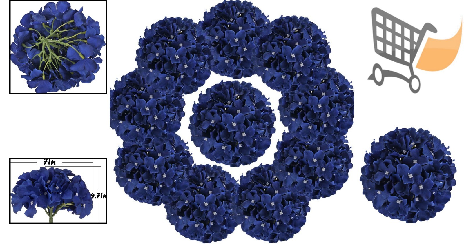Artificial Silk Hydrangea Heads with Stems 10 Pack Royal Blue for Home Weddin…
