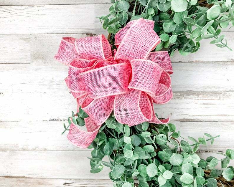 Pink burlap farmhouse chic grapevine wreath w/ artificial eucalyptus greenery