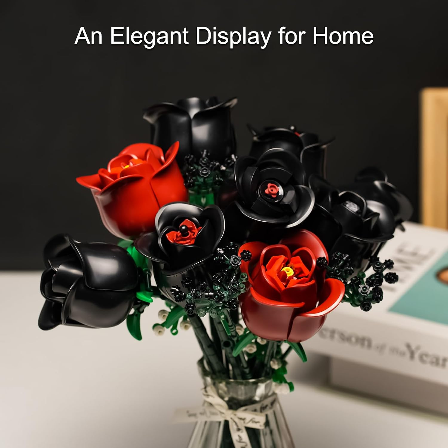 Flowers Bouquet Building Set for Adults, Botanical Collection, Black Roses