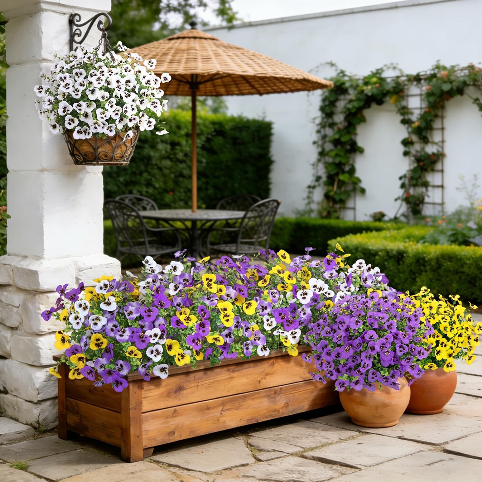 UV Resistant Artificial Pansy Flowers – 16 Bundles for Outdoor Decor, Planters &
