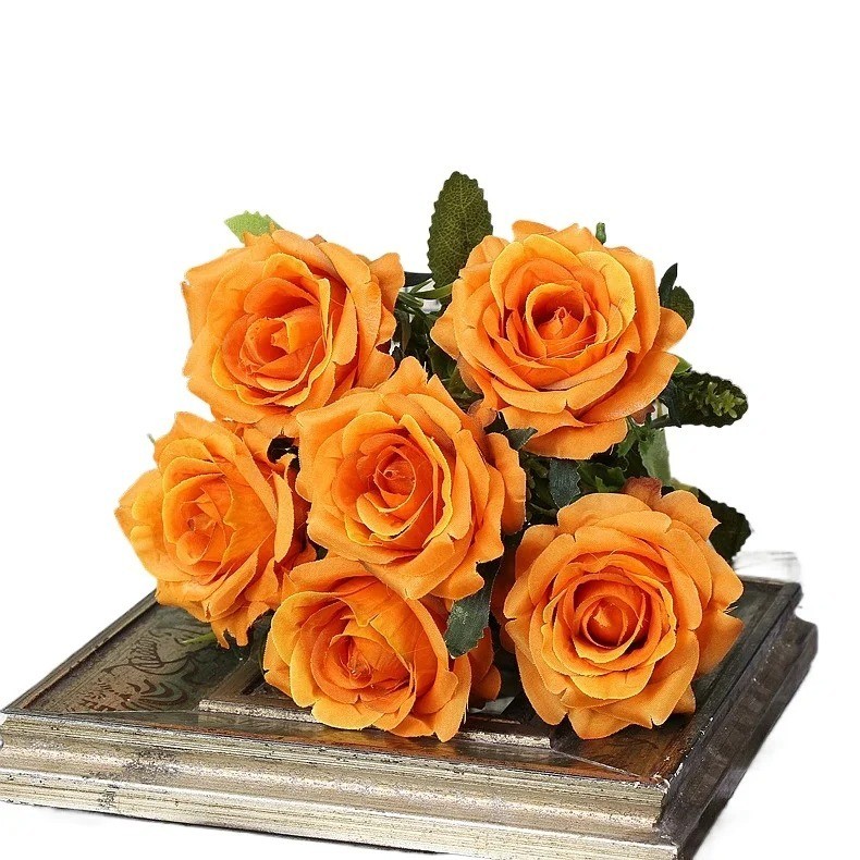 High-quality Silk Orange Rose Artificial Flowers for Wedding Decoration, Big and