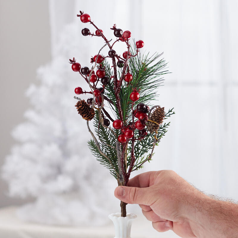Set of 4 Artificial 16″ Pine and Berry Sprays with Pine Cones