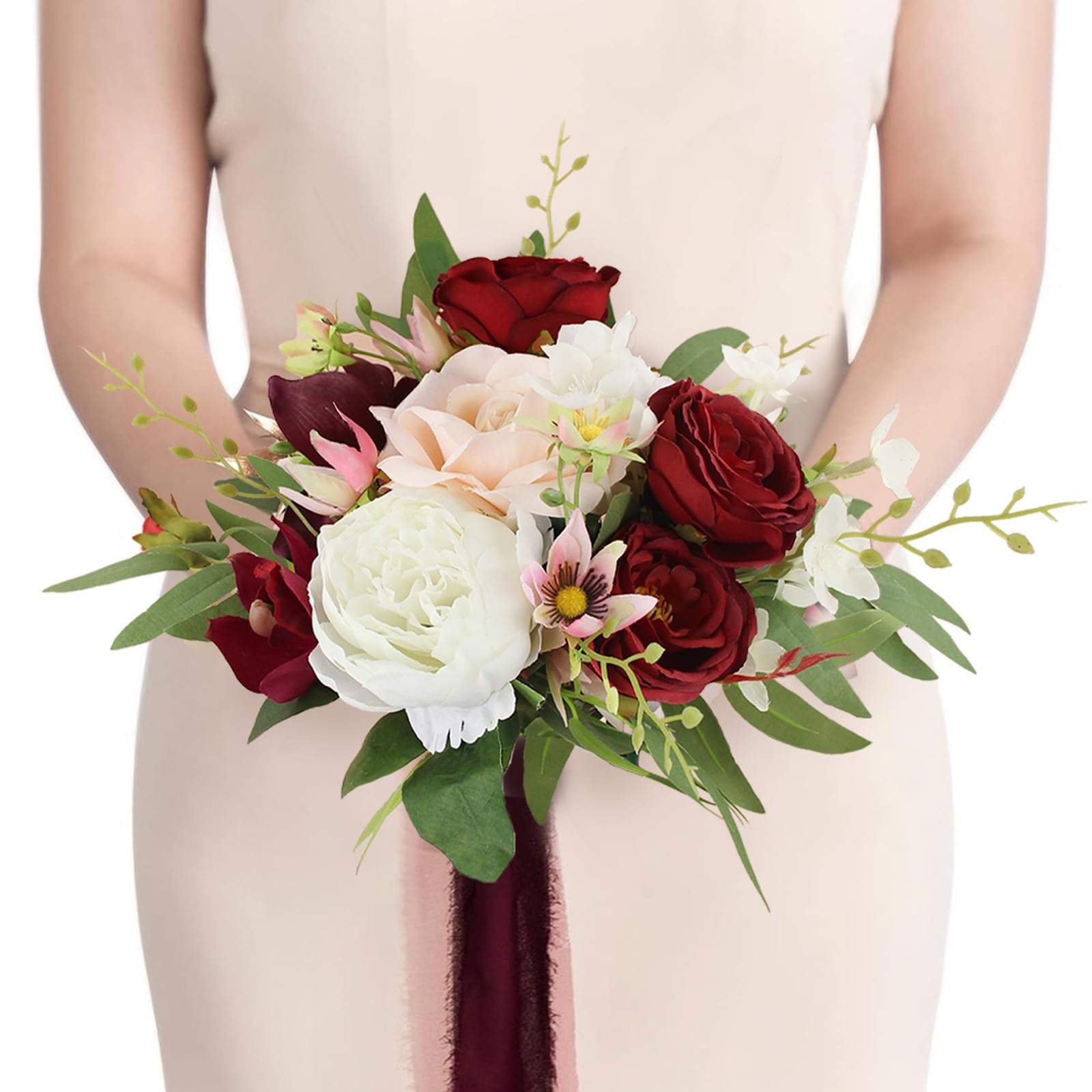 1Pc Fall Wedding Bouquets for Bridesmaids Burgundy Artificial Bridesmaid Bouq…
