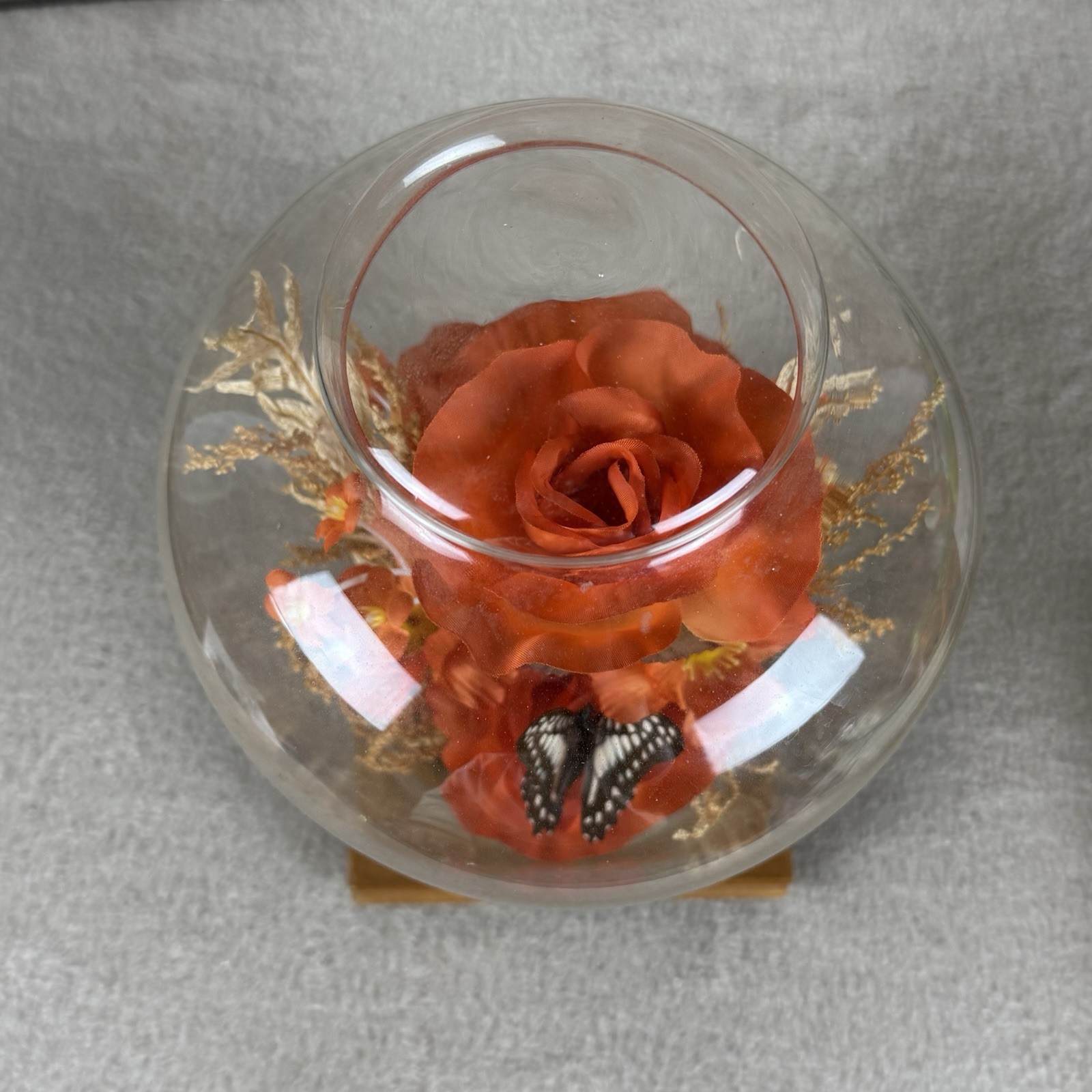 Vintage Butterfly w/Silk Flowers Under Glass Dome Cloche~Silk Flowers Wood Base